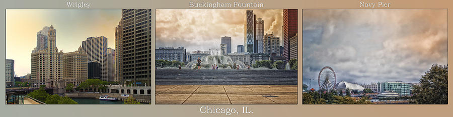 Chicago Buckingham Wrigley Navy Pier Triptych 3 Panel HDR Photograph by Thomas Woolworth