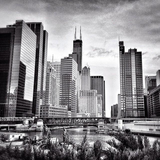 America Photograph - Chicago River Buildings Black and White Photo by Paul Velgos