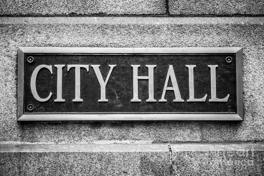 Chicago Photograph - Chicago City Hall Sign in Black and White by Paul Velgos