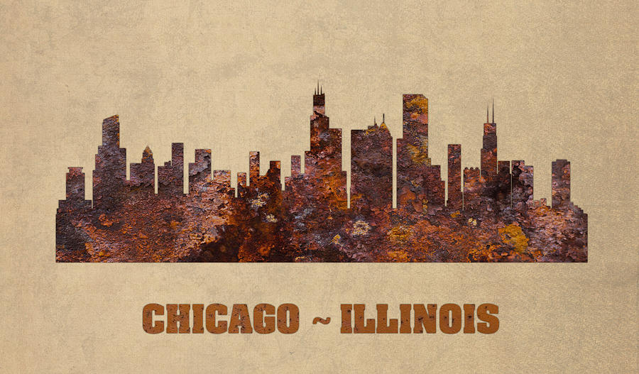 Chicago Mixed Media - Chicago City Skyline Rusty Metal Shape on Canvas by Design Turnpike