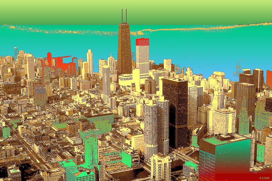 Chicago Pop Art in Blue Green Red Yellow Painting by Peter Potter