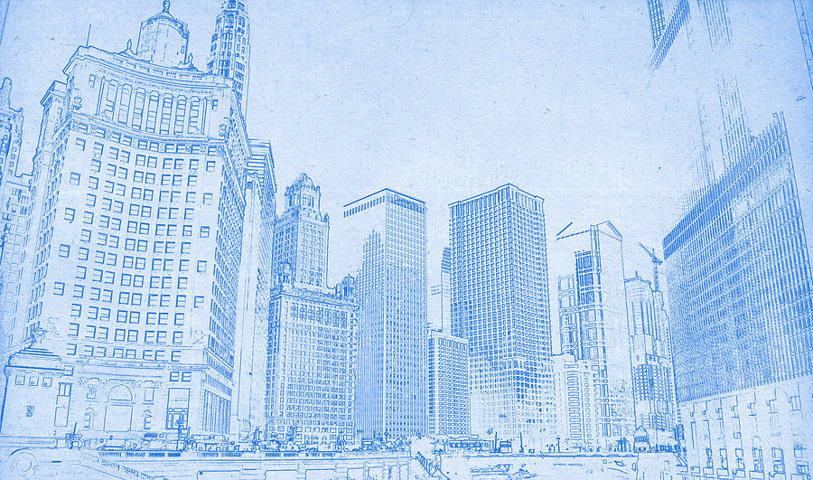 Chicago Downtown Blueprint Digital Art by MotionAge Designs
