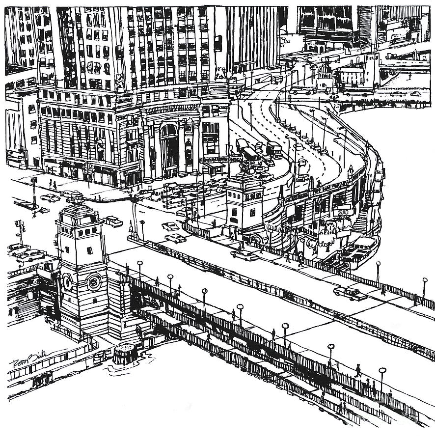 Chicago. Michigan Ave. and Wacker Dr. Drawing by Robert Birkenes