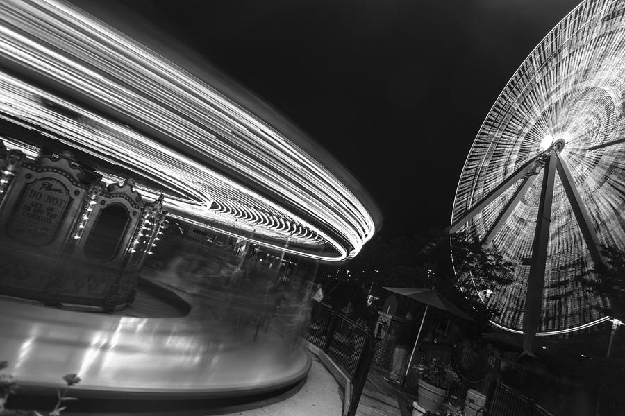 Chicago Ferris Wheel and Carousel Black and White Photograph by John McGraw
