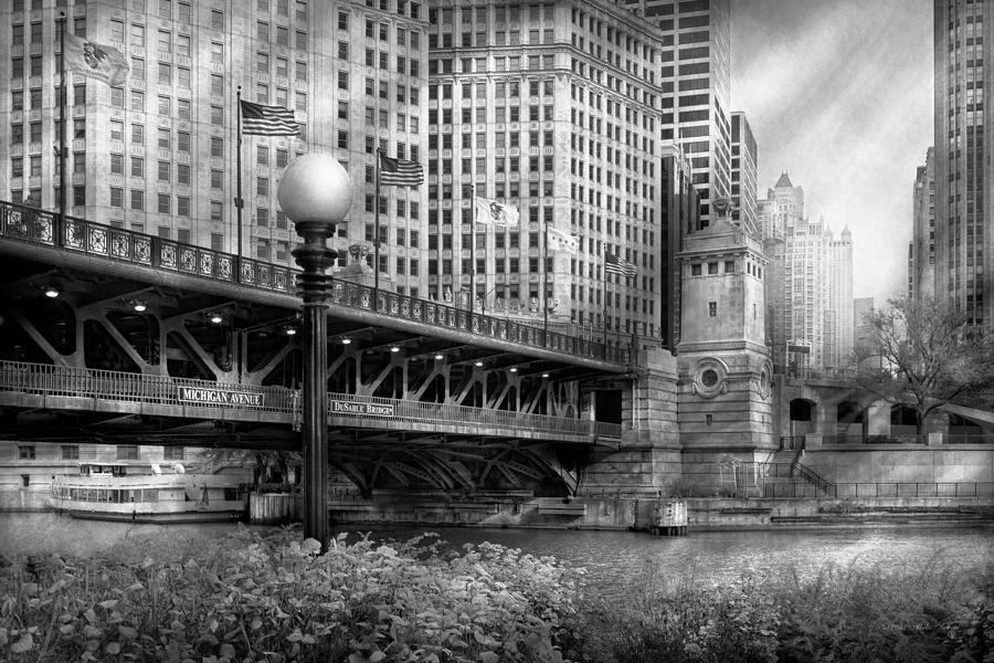 Chicago IL - DuSable Bridge built in 1920 - BW Photograph by Mike Savad