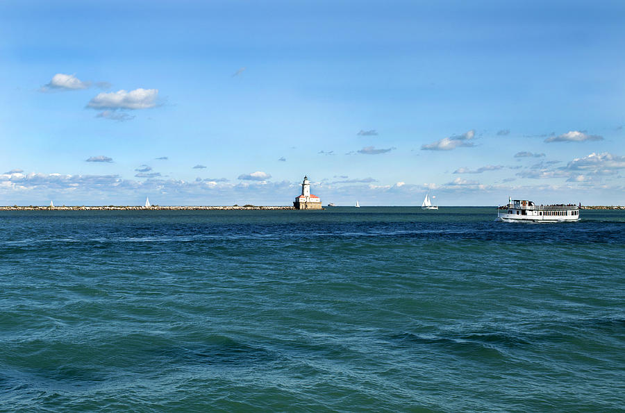 Architecture Photograph - Chicago Illinois Harbor Lighthouse and Little Lady Tour Boat USA by Sally Rockefeller