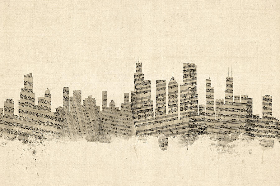 Chicago Digital Art - Chicago Illinois Skyline Sheet Music Cityscape by Michael Tompsett