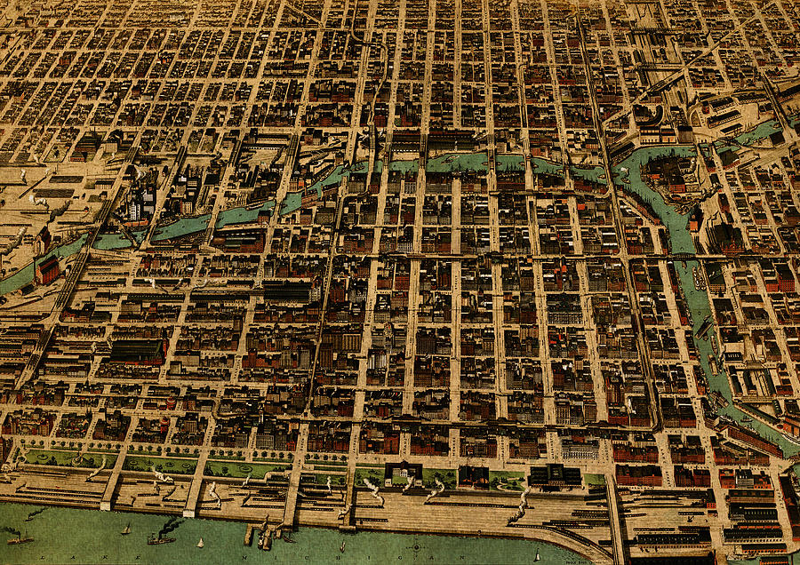 Chicago Illinois Vintage Map Business District 1898 Birds Eye View Illustration On Parchment Mixed Media