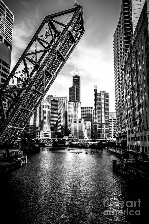 Chicago Kinzie Street Bridge Black And White Picture Photograph