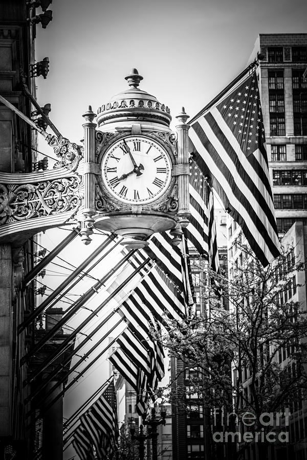 Chicago Macys Clock in Black and White Photograph by Paul Velgos