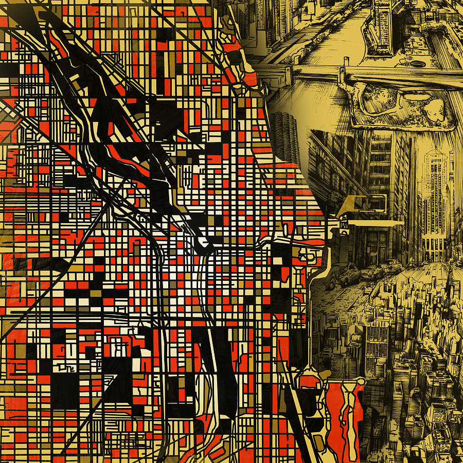 Chicago Map Drawing Collage 2 Painting by Bekim M