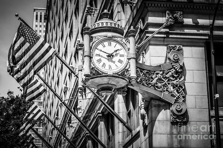 Chicago Marshall Fields Clock in Black and White Photograph by Paul Velgos