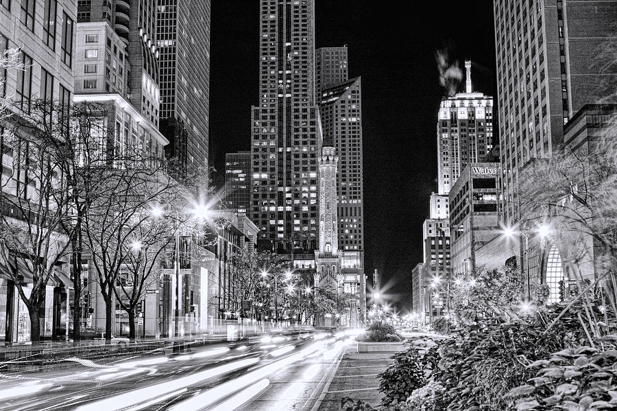 Chicago Michigan Avenue Light Streak Black and White Painting by Christopher Arndt