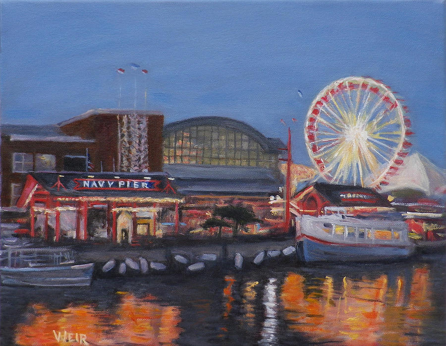 Chicago Navy Pier at Night Painting by Chris Weir