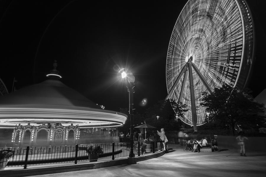 Chicago Navy Pier Ferris Wheel and Carousel Black and White Photograph by John McGraw