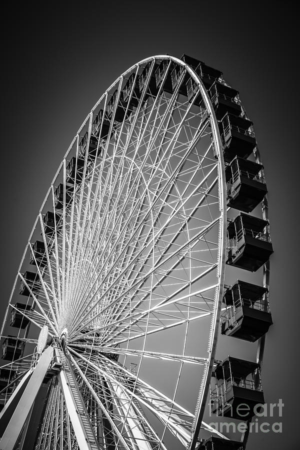 Chicago Navy Pier Ferris Wheel In Black And White Photograph