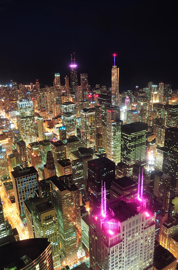 Chicago night aerial view Photograph by Songquan Deng