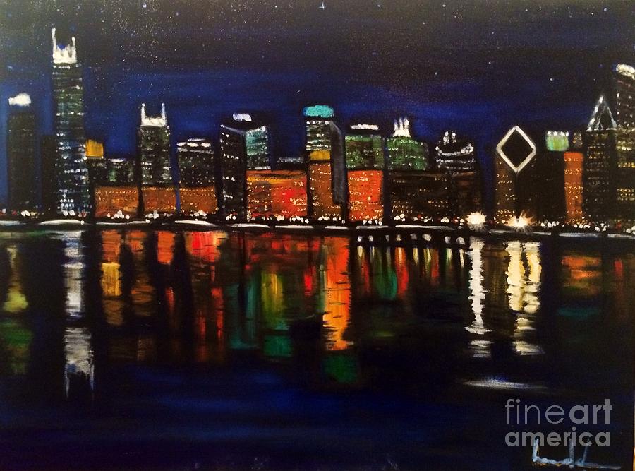 Chicago Night Skyline Painting by Brindha Naveen