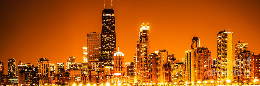 Chicago Panorama Skyline at Night Orange Tone Photograph by Paul Velgos