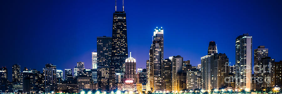 Chicago Panoramic Skyline At Night Blue Tone Photograph