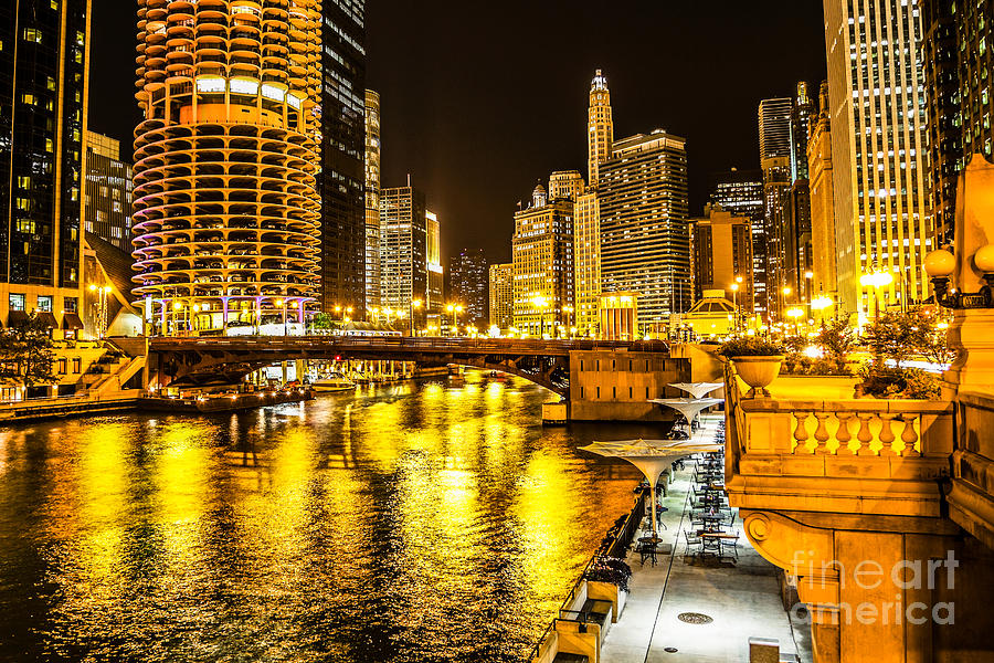 Chicago River Architecture at Night Picture Photograph by Paul Velgos