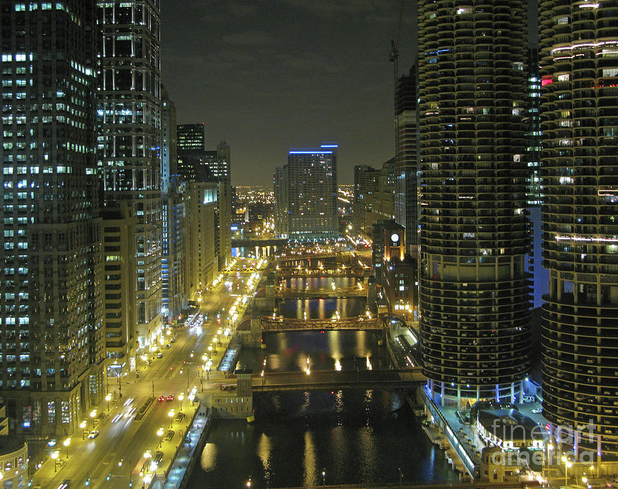 Chicago River at Night Photograph by Ann Horn