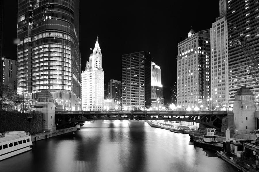 Chicago River Bridge Skyline Black White Photograph by Patrick Malon