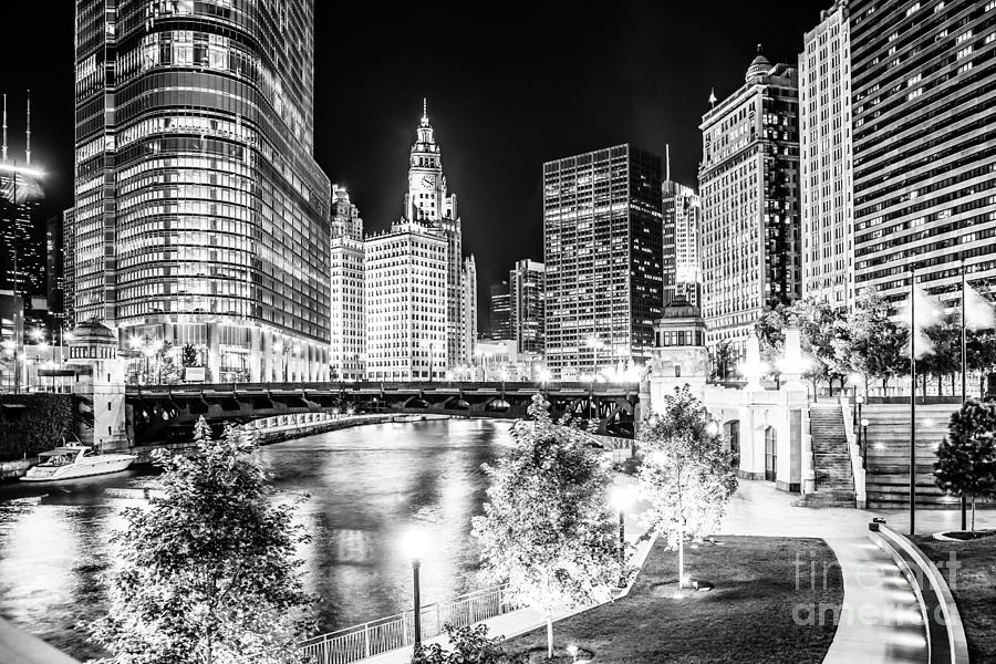 Chicago River Buildings At Night In Black And White Photograph