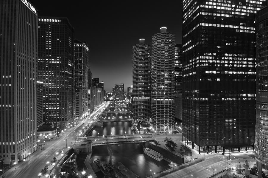 Architecture Photograph - Chicago River Lights B W by Steve Gadomski