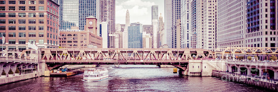 Chicago River Skyline Vintage Panorama Picture Photograph