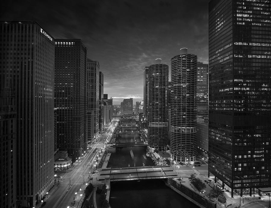 Chicago Photograph - Chicago River Sunset B W by Steve Gadomski