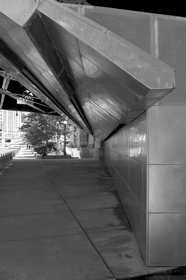 Chicago River Walk Under A Bridge BW Photograph by Thomas Woolworth