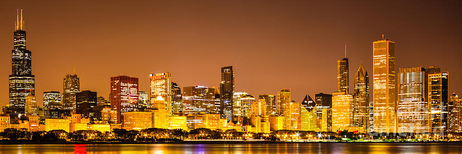 Chicago Skyine at Night Panoramic Photo Photograph by Paul Velgos