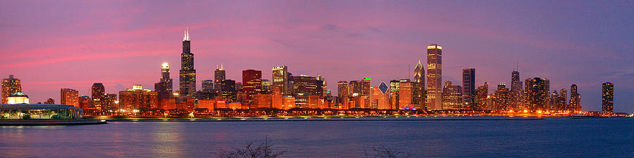 Architecture Photograph - Chicago Skyline at DUSK 2008 Panorama by Jon Holiday