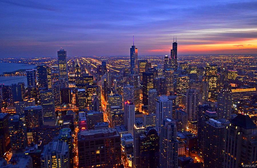 Chicago Skyline at Dusk from John Hancock Signature Lounge Photograph by Jeff at JSJ Photography