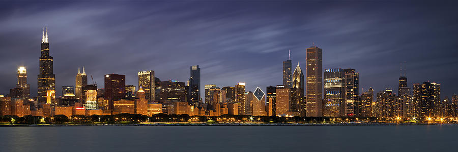 Chicago Skyline At Night Color Panoramic