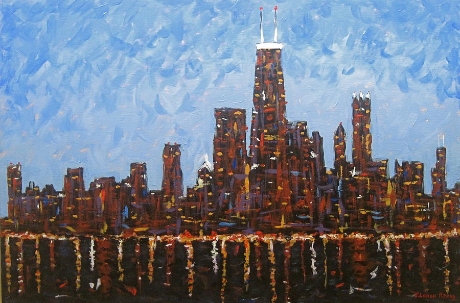 Chicago Skyline at Night from North Avenue Pier Painting by J Loren Reedy