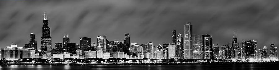 Chicago Skyline Photograph - Chicago Skyline at Night in Black and White by Sebastian Musial