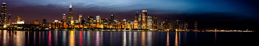 Chicago Skyline at Night Panoramic Photograph by Josh Bryant