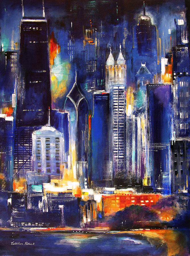 Chicago Painting - Chicago Skyline at Night by Kathleen Patrick