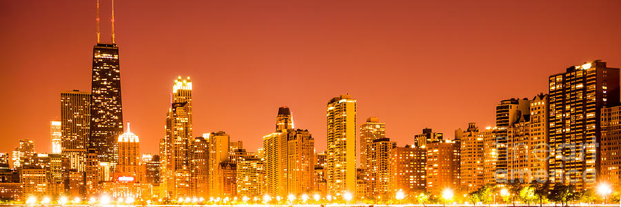 Chicago Skyline at Night Panoramic Photo in Orange Photograph by Paul Velgos