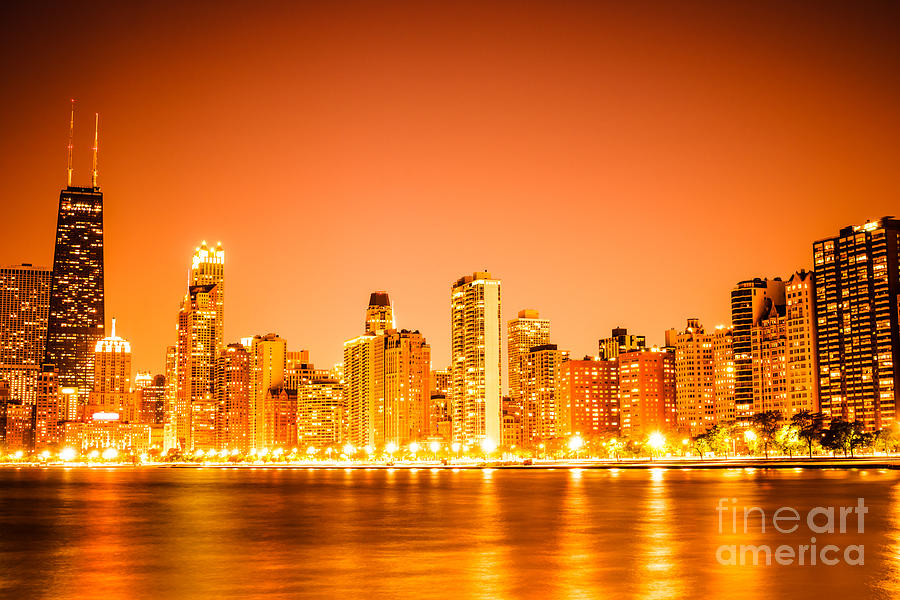 Chicago Skyline at Night with Orange Sky Photograph by Paul Velgos