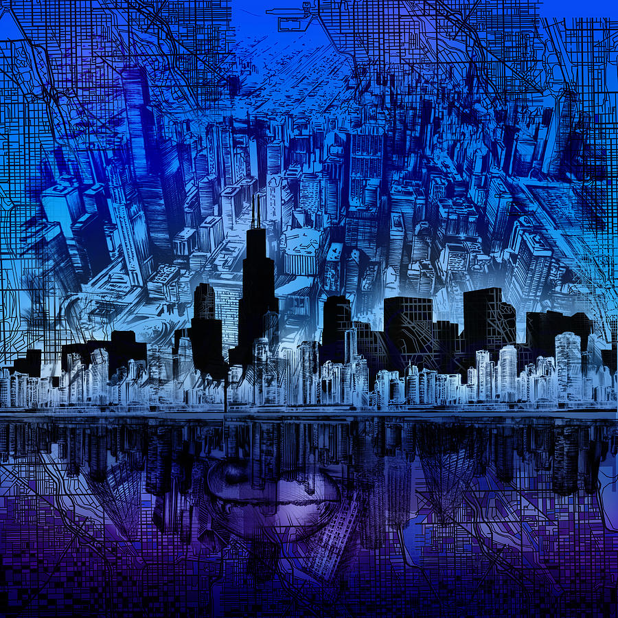 Chicago Skyline Blue Version Painting by Bekim M