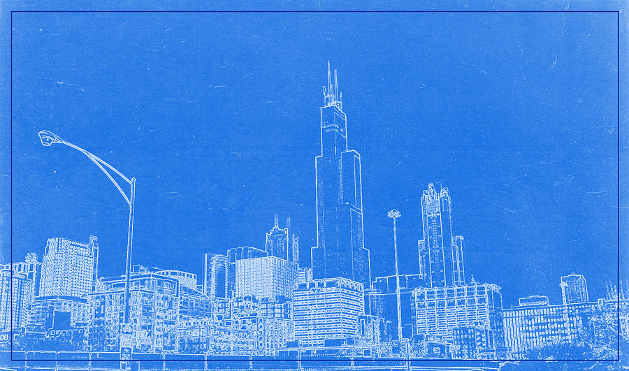 Chicago Skyline Blueprint Digital Art by Celestial Images