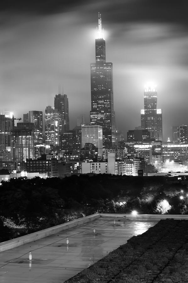 Chicago Skyline from the Rooftop - Black and White Photograph by Gregory Ballos