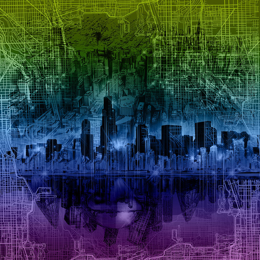Chicago Skyline Painting - Chicago Skyline Gradient Version by Bekim M Chicago Skyline Painting - Chicago Skyline Gradient Version by Bekim M