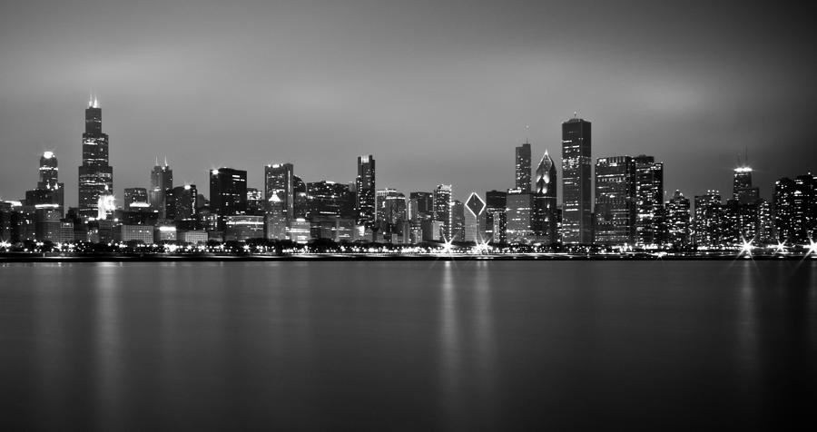 Chicago Skyline in Fog with Reflection - Black and White Photograph by Anthony Doudt