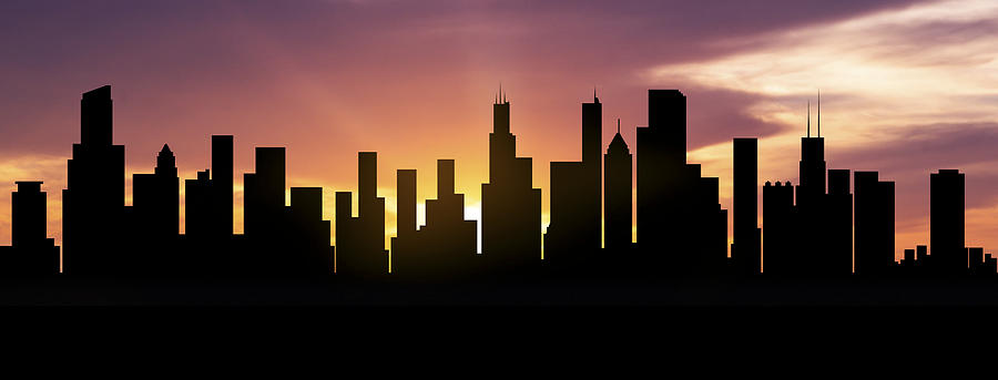 Chicago Skyline Panorama Sunset Mixed Media