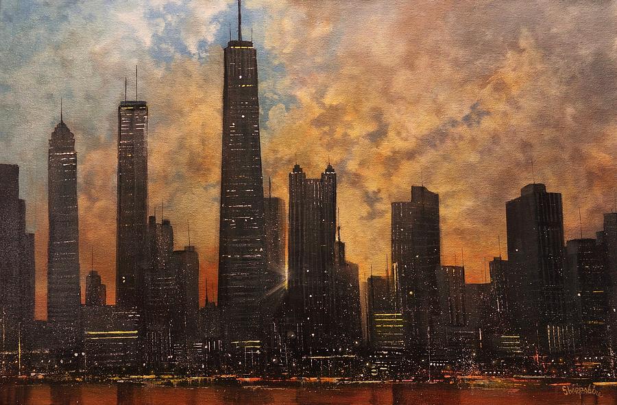 Chicago Skyline Silhouette Painting by Tom Shropshire