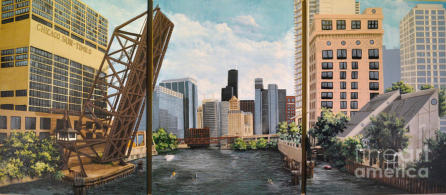 Chicago Skyline triptych Painting by Mary Palmer